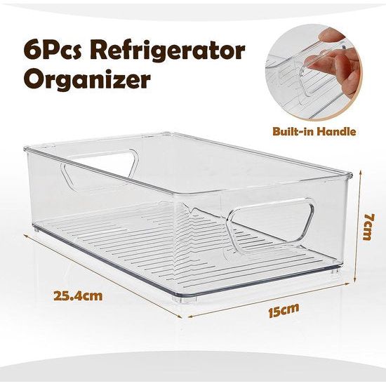 Koelkastorganizer, 6 stuks opbergsysteem voor koelkast, transparante opbergdozen met handgrepen, stapelbare kast-organizer voor koelkast, keuken, doos, BPA-vrij