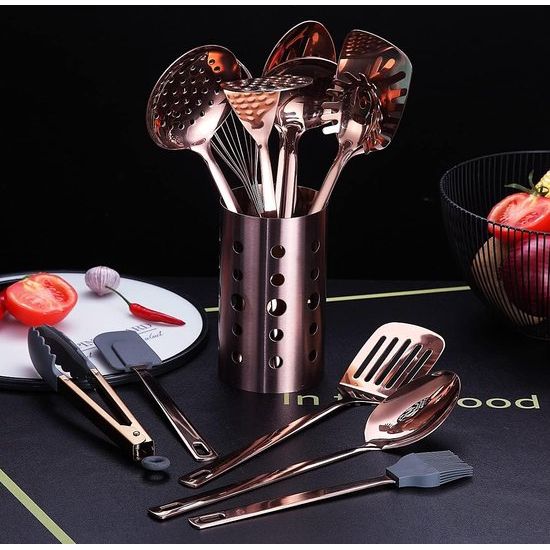 Set keukengerei van koper, 13-delig kookgerei van roestvrij staal met titanium roségouden coating, keukengereiset met keukengereihouder voor anti-aanbakkookgerei (13 verpakkingen)