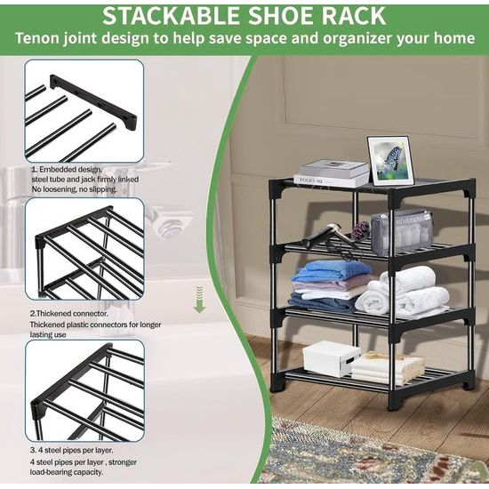 Schoenenrek, stapelbaar klein schoenenrek, 13 mm dik, 3 verdiepingen, 6 paar, schoenenrek voor entree, hal en kast, ruimtebesparende opslag en organisatie