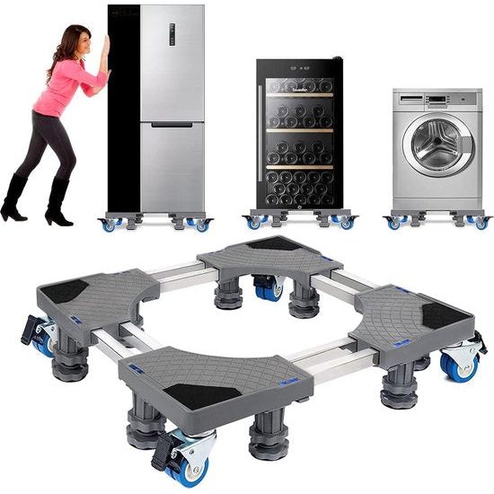Onderstel voor wasmachine, dubbele buizen, 8 poten en 4 wielen voor wasmachine, koelkast en droger, verstelbare wasmachinesokkel met antislip schokdempingsfunctie