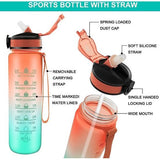 1 liter lekvrije BPA-vrije waterfles met motiverende tijdmarkering en stro om u genoeg water te laten drinken, geschiktheid, openlucht, gymnastiek, sporten, oranje / groen