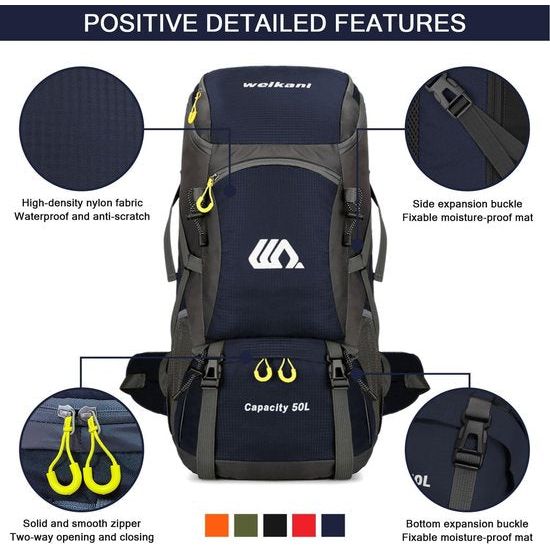 50 liter, heren en dames, trekkingrugzak, ultralicht, opvouwbare reisrugzak, wandelrugzak, grote klimmen, dagrugzak voor reizen, bergbeklimmen, kamperen, outdoor, reizen, sport