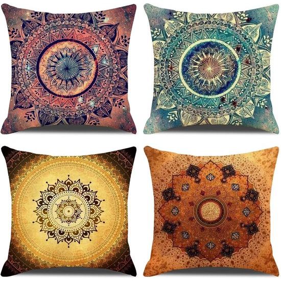 Set van 4 decoratieve kussenhoezen, katoenen linnen kussenhoes, kleurrijk Oost-Boheems mandalapatroon, decoratief kussen, bankkussen voor bank, auto, slaapkamer, 45 x 45 cm