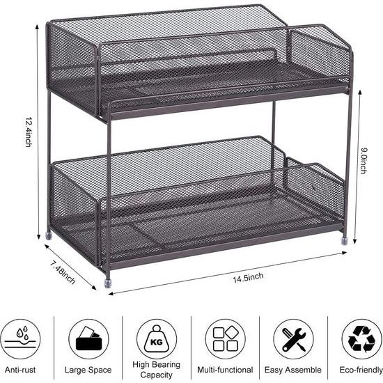 Op de wastafel, keukenrek, opbergrek met 2 uittrekbare manden, lades, keukenkast, organizer, spoelkastrek, steekrek, bruin