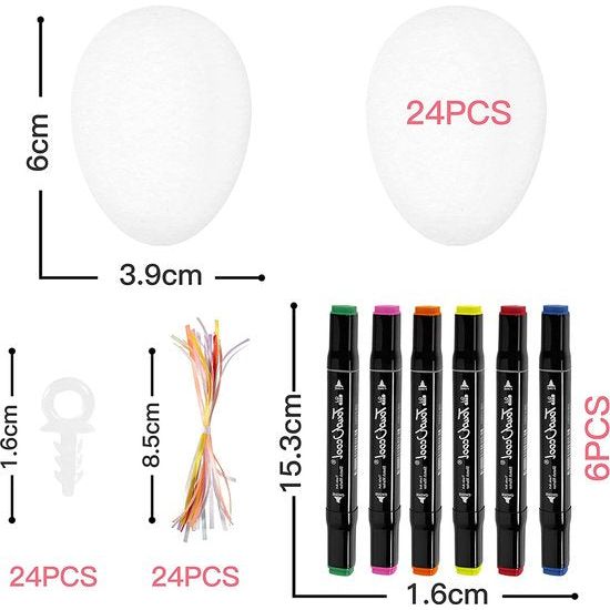 Paaseieren om op te hangen, 24 stuks paaseieren schilderen, paasknutselkinderen en 6 graffiti pennenset, ideale paasdecoratie voor buiten, paaseieren plastic, eieren om te schilderen voor paasdecoratie