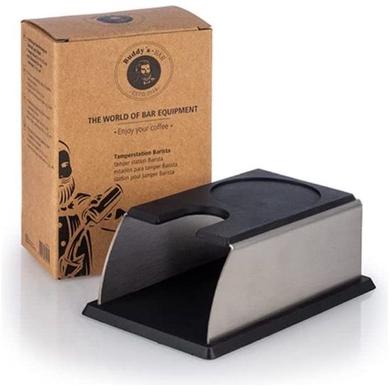 Barista Edition, Premium Tamperstation voor alle tampermaten, 14 x 7/9 cm, H: 5,5 cm, aandrukstation voor espresso-zeefdrager, mat roestvrij staal, siliconen, barista-accessoires, zwart