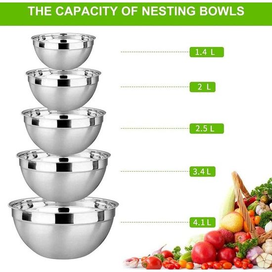 Mengkom roestvrij staal met deksel 5-delige set, roestvrij stalen kommen stapelbaar slakom mixing Bowl ideaal voor koken bakken bewaren