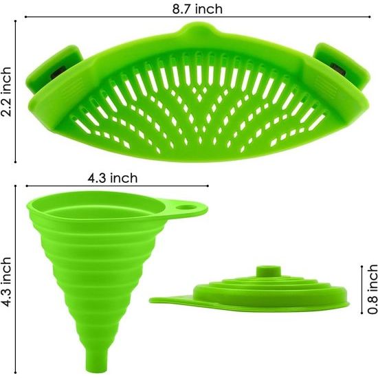 Siliconen napzeef met 2 inklapbare trechters, handsfree clip-on hittebestendige Colander Pour-uitloop voor pasta, groentenoedels pannenschaal, groen