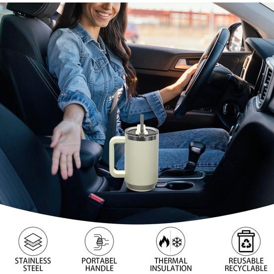 Koffiebeker om mee te nemen, dubbelwandig, roestvrij staal, vacuüm, lekvrij, met handvat en rietje, draagbare autobeker, thermobeker, beige voor koude warme dranken, beige