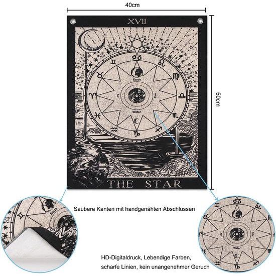 Tarot Wandtapijt, set wandtapijten, zon, maan, ster, wanddoek met nagels, katoenen linnen, natuurlijke wandbekleding, sterrenbeeld, wanddecoratie, voor woonkamer, zwart-wit, 40 x 50 cm