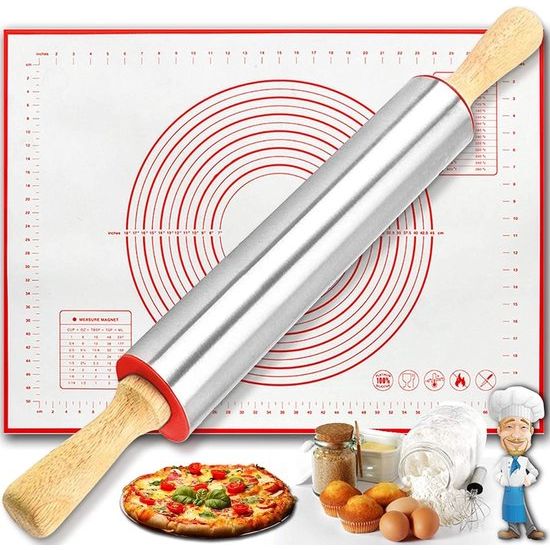 Deegroller van roestvrij staal, 43 cm grote deegroller met houten handgrepen + bakmat, siliconen met afmetingen, anti-aanbak, bakaccessoires voor bakken, fondant, pizza, cake, pasta en