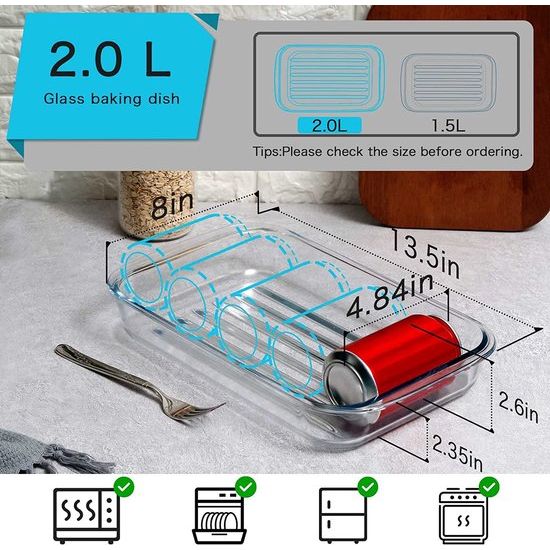 Glazen ovenschaal voor oven glasplaat met handvat (1.5L), glazen ovenschaal lasagne, ovenschaal rechthoekig, lasagneschaal