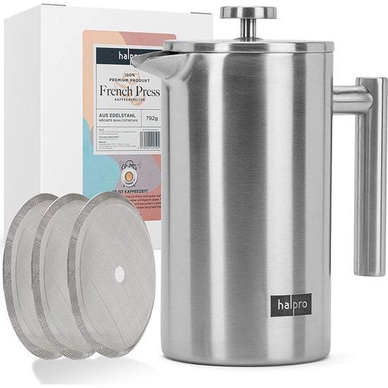 Premium French Press Koffiezetapparaat van roestvrij staal, dubbelwandig, geïsoleerd, langdurig verwarmd, koffiepers + 3 reservefilters