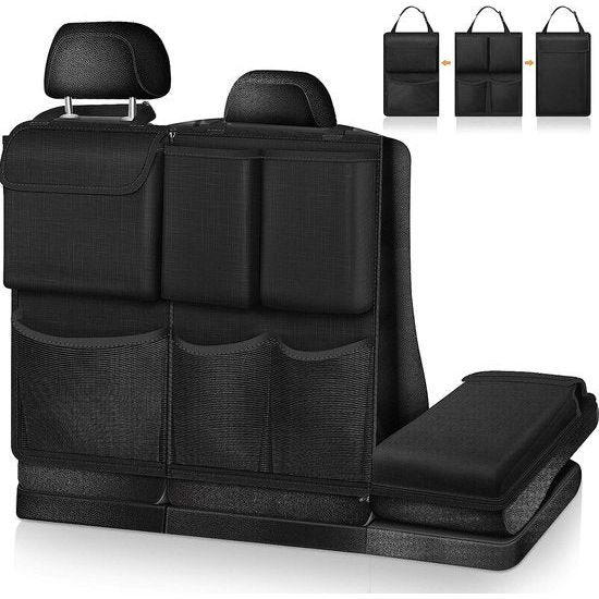 Auto-achterbank-organizer, kofferbakorganizer, afneembare rugleuningbescherming met grote capaciteit, vakken voor vrachtaccessoires voor kinderen, voor SUV, minivan, jeep, zwart/zwart