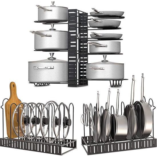 Toplife Dubbelzijdige pannenhouder, potdekselhouder met 8 verstelbare verdelers, ideale dekselhouder in 2 doe-het-zelfmethoden