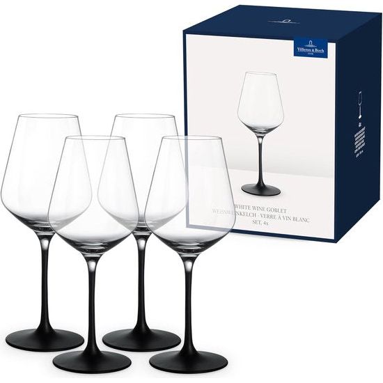 Set witte wijnglazen, 4-delig, 380 ml, kristalglas, transparant/zwart