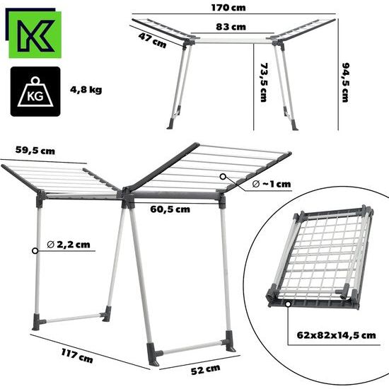 Droogrek, grote wasdroger - vleugelwasdroger voor lange was, droger met inklapbare vleugels, gepoedercoat staande droger - 2 vleugels