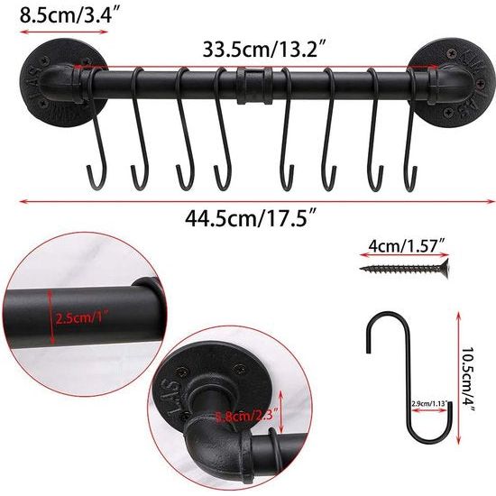 40cm Industrieel Pijp Pannenrek met 8 Haken - Wandmontage Keukengerei Kookgerei Hanger Organizer Keukengerei Deksels