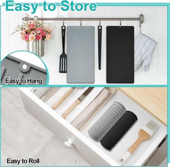 2 stuks siliconen afdruipmat, spoelbakmat, afdruipmat, servies, zwart, hittebestendige siliconenmat, antislip siliconenmat