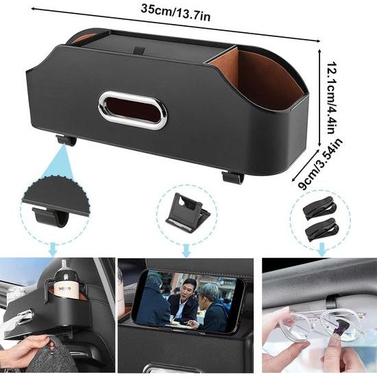 Auto achterbank-organizer voor de autohoofdsteunen, opbergdoos voor autostoelen met 2 bekerhouders, zakdoekbox, 2 brillenhouders voor auto, multifunctionele auto-organizer