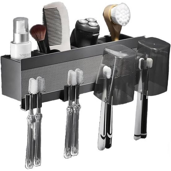 Tandenborstelhouder voor badkamer Zwarte kamer Aluminium 4 sleuven Tandenborstelhouder Hoekopbergdoos Geen boren Automatische installatie - Zelfklevend