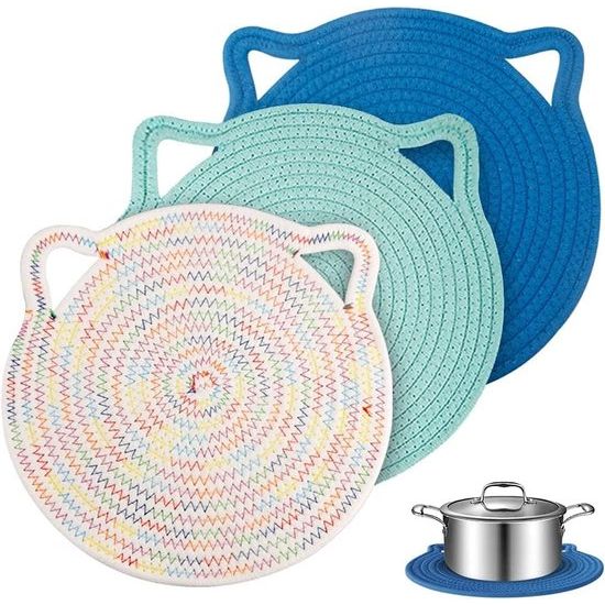 Set van 3 placemats leuk in katten dicht geweven, placemat gevlochten puur katoenen materiaal, placemats kinderen veilig en geurloos (blauw, groen, regenboogkleuren, 30 cm)