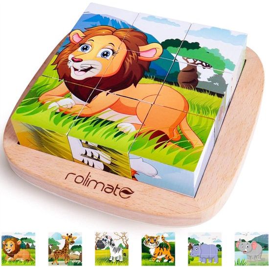 Houten fotokubus 3D houten puzzelspellen 6 in 1 dierenmotieven met 9 dobbelstenen Houten speelgoed voor kinderen van 2 3 4 jaar Montessori voorschools educatief speelgoed, 16x16 cm, kleurrijk