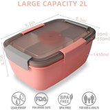 Lunchbox voor volwassenen, 2000 ml, grote lunchbox met vakken, voor volwassenen, 2-traps slabox om mee te nemen, duurzaam, lekvrij, BPA-vrij, broodtrommel voor werk/picknick (roze)