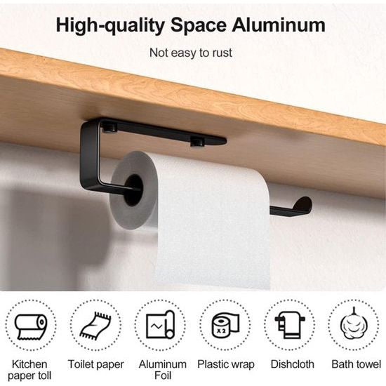 Keukenrolhouder, wandophanging, zonder boren, 295 mm, zelfklevend of boren, keukenpapierhouder, ruimte-aluminium papierrolhouder voor keuken, badkamer, kasten, verticaal of horizontaal, zwart