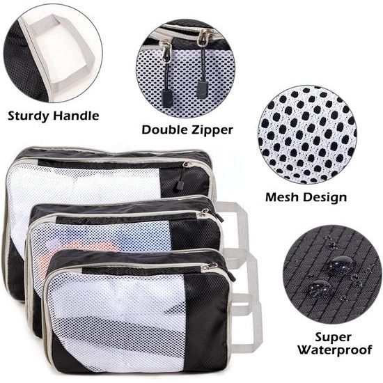 Koffer Organizer Packing Cubes Compression Koffer Organizer Set Waterdichte kofferorganizer paktassen voor koffer Travel Essentials uitbreidbaar reispakket organizer voor handbagage, zwart, 3 stuks