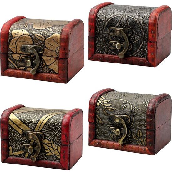 Schatkist met 4 patronen, klein hout, 8 x 6 x 6 cm, super-mini vintage juwelendoos, vintage houten schatkist, houten kistje, voor sieradenkist, piratenkist, bewaren of decoratie