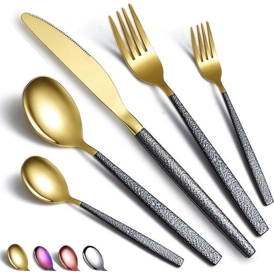 Bestekset, 30 stuks, glanzende gouden kopcoating met zwarte Marsgreep, roestvrij staal, titanium coating, messen, lepels, vorken, bestekset, bestekset voor 6 personen