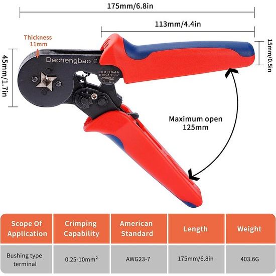 Dechengbao krimptang, verstelbare krimptang gebruikt voor 0,25-6 mm² (AWG 23-7) adereindhulzen, huls krimptang