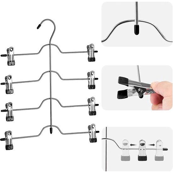 Kleerhangers organiser metaal, 3 stuks broekhangers ruimtebesparing, chroom ijzer kleerhangers, metalen kledinghangers, kledinghangers, kledinghangers, closet organiser met clips, voor broeken, tanktops, beha, pyjama's