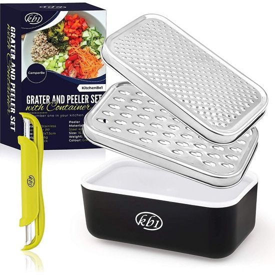 Rasp roestvrij staal en doos met deksel en schilfer, opbergdoos met beschermende rubberen voeten, keukenrasp kaasrasp groentenrasp ideaal voor kaas- en fruitliefhebbers, zwart