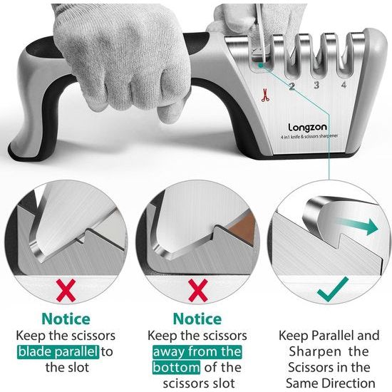 Messenslijper, 4 standen, handmatige messenslijper met anti-snijhandschoenen voor grof slijpen en scharen slijpen, diamant voor fijn slijpen en speciale keramiek voor precisieslijpen, grijs