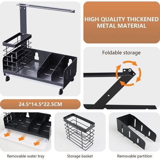 Gootsteenorganizer voor keuken en badkamer, antislip, keukenorganizer voor gootsteen met afdruipbak, werkblad, sponshouder van metaal, eenvoudige installatie