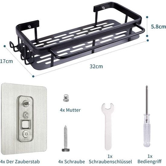 Doucheplank, doucheplank zonder boren, 2 stuks douchemandjes, douche-organizer met 4 kleefvlakken, 2 haken en 1 handdoekhouder, ruimte-aluminium, roestvrij, zwart