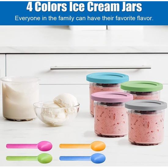 Set van 4 Creami Pints en deksel, ijshouder voor ijs met lepel, voor Pints NC299AM C300s-serie, vaatwasmachinebestendig