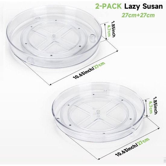 Set van 2 draaitafelorganizers (27 cm + 27 cm), roterende koelkastorganizer, multifunctionele kruidenrekjes voor keukens, badkamers, onder de gootsteen, transparante draaischijf