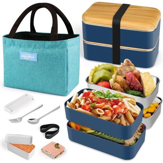 Bento Box, lunchbox, broodtrommel met vakken, 2 niveaus met 2 stuks, milieuvriendelijke PP & roestvrijstalen containers, met vork-lepelverdelers, draagtas, voor kinderen en volwassenen