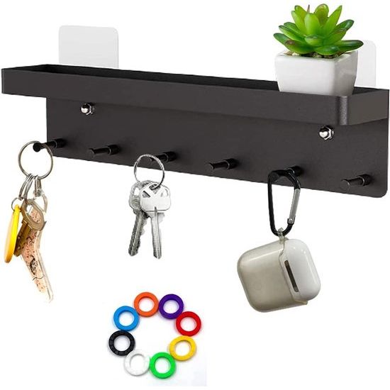 Sleutelplank met plank, 6 haken, 8 stuks sleuteldoppen, vintage sleutelbord, roestvrij staal, zelfklevende sleutelorganizer voor keuken, woonkamer, slaapkamer, kantoor, badkamer