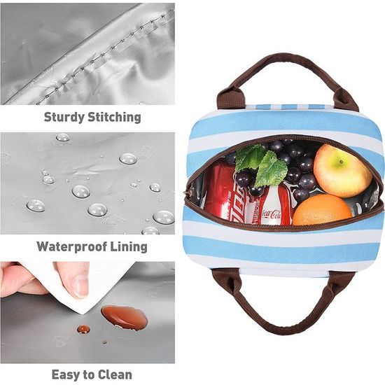 Lunchtassen voor voor en achter, schuine lunchtassen voor meisjes, lunchbox voor vol en kinderen, grote koeling, lunchtassen voor werk, school, picknick, blauw gestreept