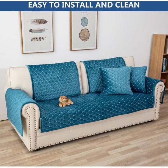 Bankhoes, bankovertrek, 3-zits, anti-slip bankovertrek voor L-vorm, chaise longue, hoekbank, 2-zits, beschermhoezen, woonkamer, stoel, honden en huisdieren, blauw, 90 x 120 cm (slechts 1