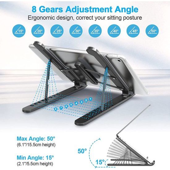 Laptopstandaard, 8-traps verstelbare laptopstandaard, versleepbaar, in hoogte verstelbaar, klepaarde laptopstandaard, notebookstandaard voor MacBook, Lenovo, Dell, 10-15,6 inch laptops, tablets, notebooks.