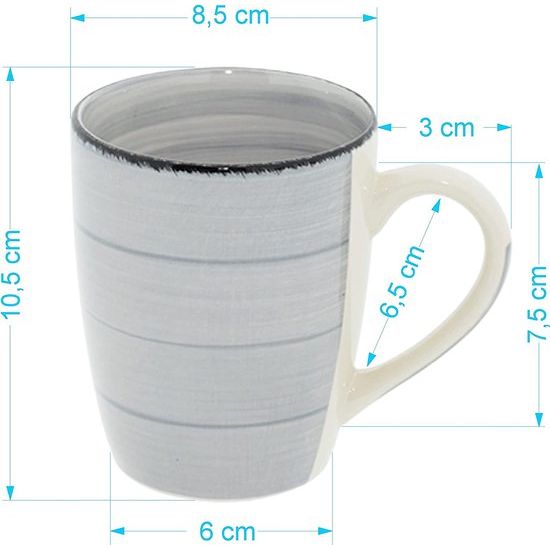 6-delige koffiemokkenset, 350 ml, aardewerk, kopjes, drinkbeker, theepot voor warme dranken (grijs)