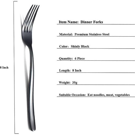 Zwarte Tafelvorken, 6 Stuks, Roestvrij Staal, 8 Inch Vorken, Bestekset, Dessertvorken, Tafelvorken, Saladevorken voor Thuis, Keuken of Restaurant, Vaatwasmachinebestendig