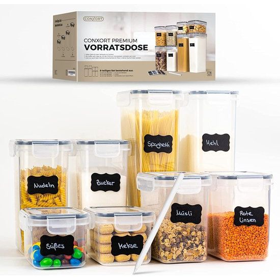 Voorraadpotten set van 8 van edele PP-kunststof Hoogwaardige voorraadpotten met deksel luchtdicht beschermt tegen schimmel, voorraadpot voor keuken [0,8 liter, 1,4 liter, 1,6 liter] Keukenaccessoires