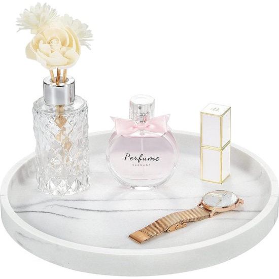 Cosmetisch dienblad, ronde harsdienblad, keramische sieradendienblad, opbergbak, make-up-organizer, sieraden, opbergdienblad, voor badkamer, toilettank, wastafel, zandwit