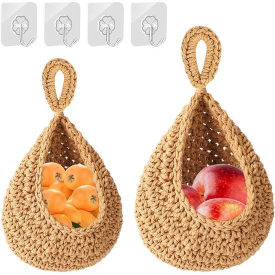2 stuks hangende fruitmand, gevlochten hangmand keuken voor fruitopslag, fruitmand hangende muur met haak, fruitmand in Boheemse stijl voor opslag keuken